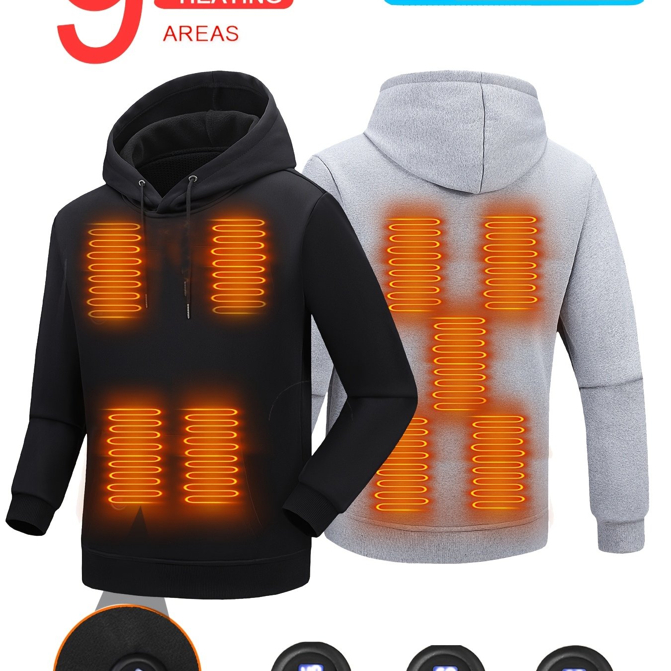 TEMU Hoodie With 9 Heating Zones, Quick Usb Charging, Adjustable Temperature, Casual Solid Color, Long Sleeve, Woven Polyester, Regular Fit, Hooded