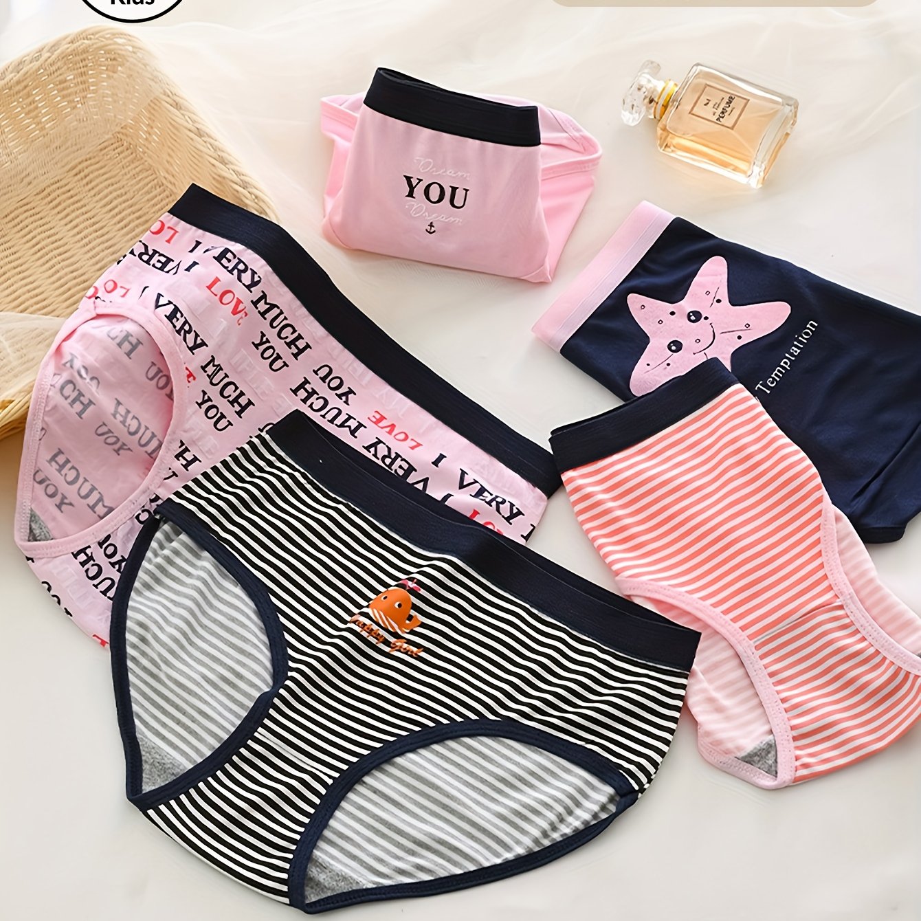 5pcs Girls' Ocean-themed Printed Panties, Featuring Starfish, Whale, Letters, And Stripe Patterns. Comfortable Mid-rise Design, Lightweight, Breathable, Soft, And Stretchy. Random Colors