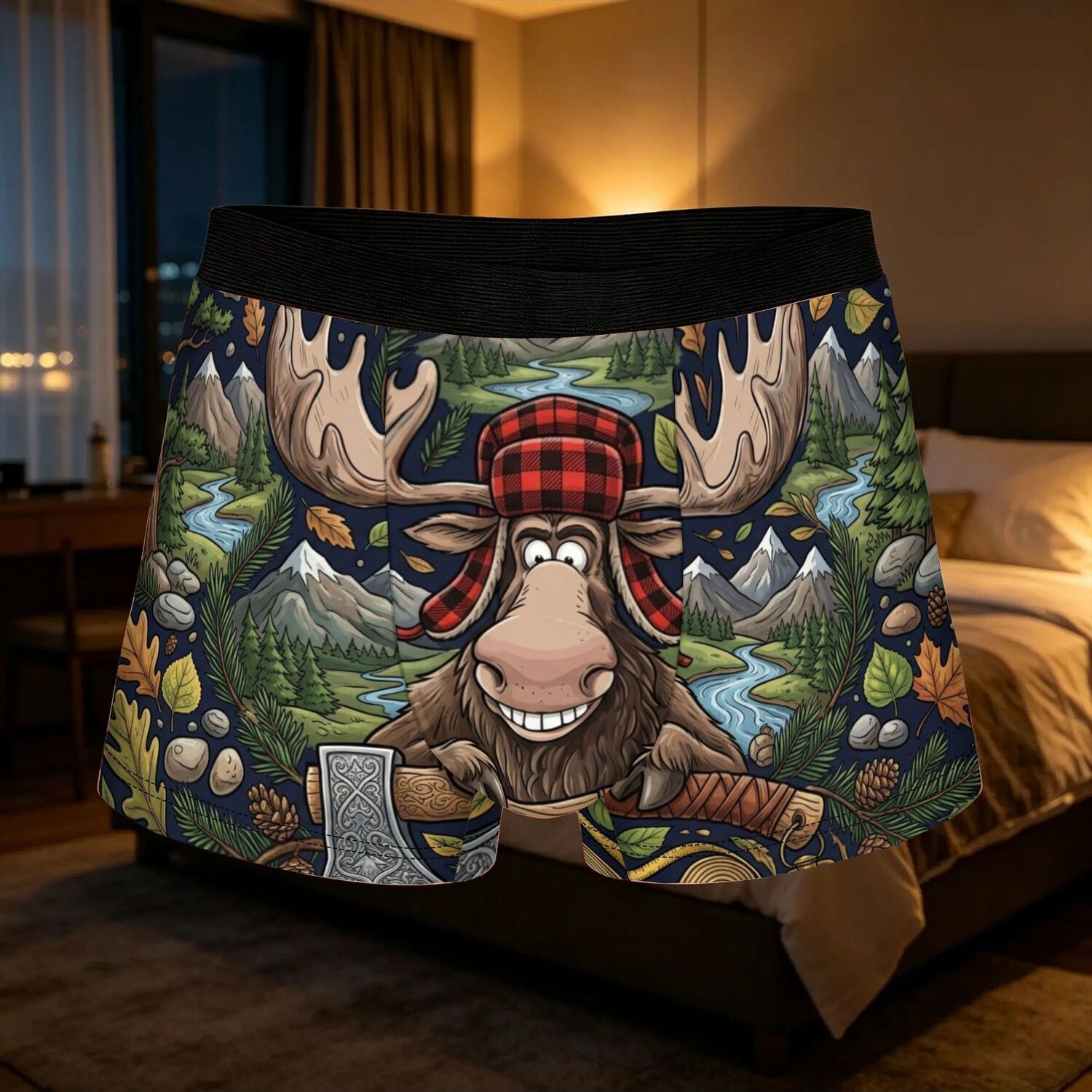 TEMU 1pc 2d Flat Printing Cool Elk Funny Lumberjack Moose Forest Art Underpants Breathable Panties Men's Underwear Comfortable Shorts Boxer Briefs