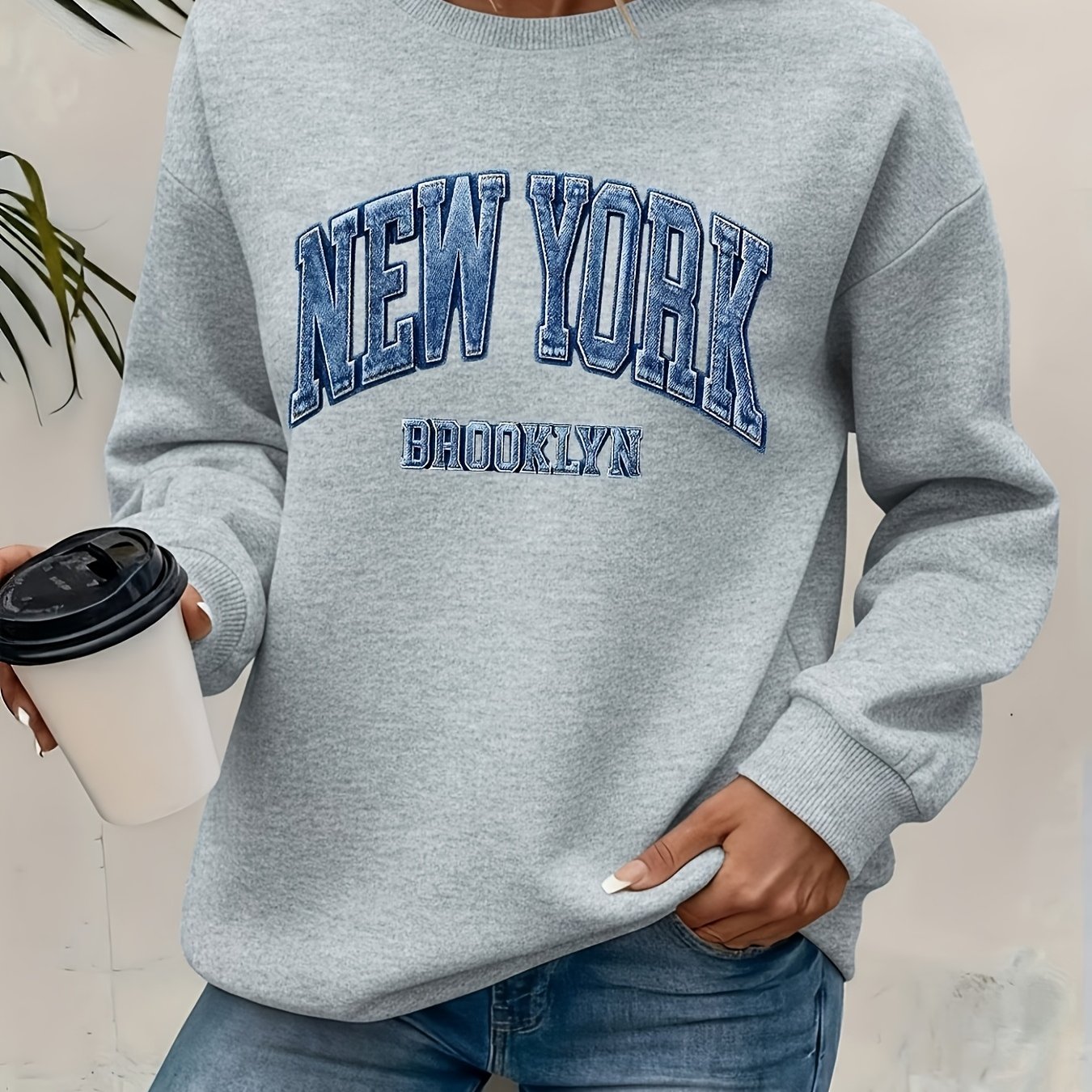 TEMU Women's Casual Round Neck Sweatshirt, Vintage Brooklyn Pattern Print, Loose Long Sleeve Daily Pullover