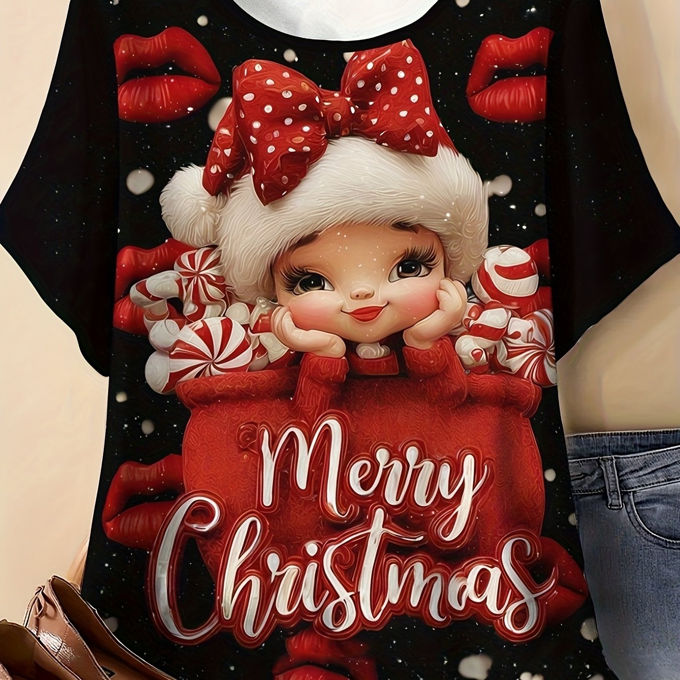 Image of Plus Size, Women's Plus Size Christmas T-shirt - Santa & Candy Red Lips Print Round Neck Short Sleeve Compatible Top | Machine Washable Holiday Gift Suitable For - Wear, Casual Outfits