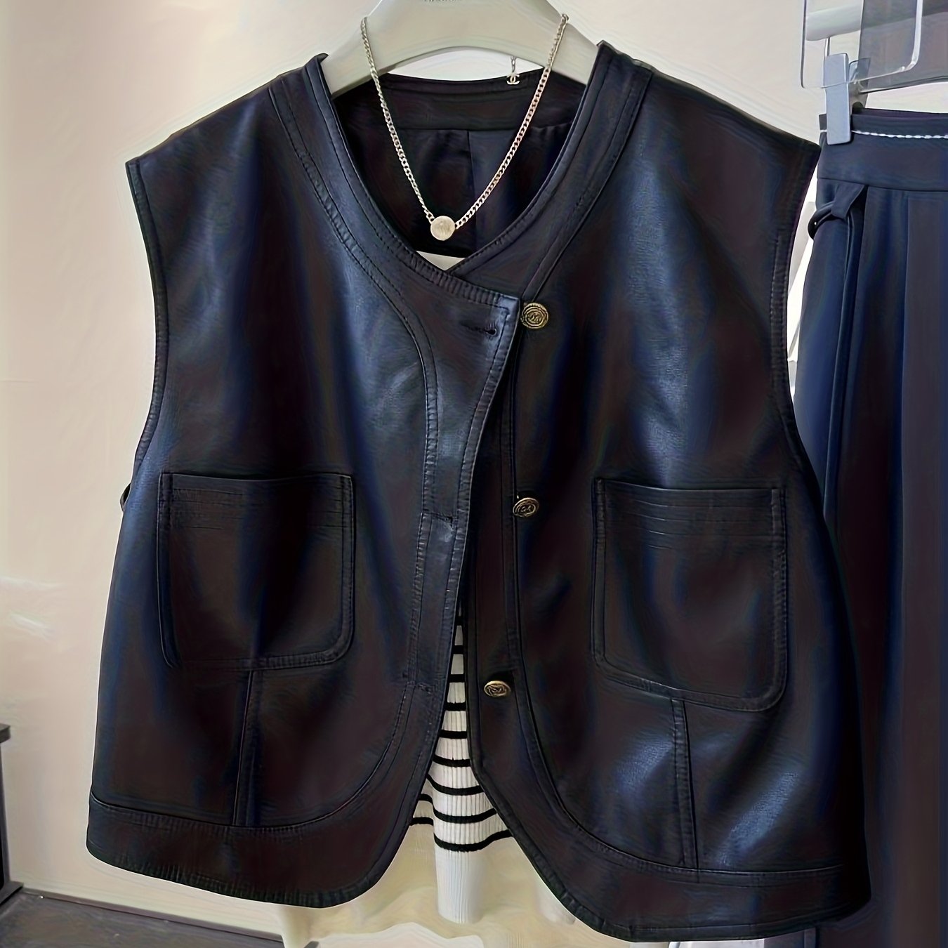 TEMU Loose-fitting,, Versatile Pu Sleeveless Round-neck Vest