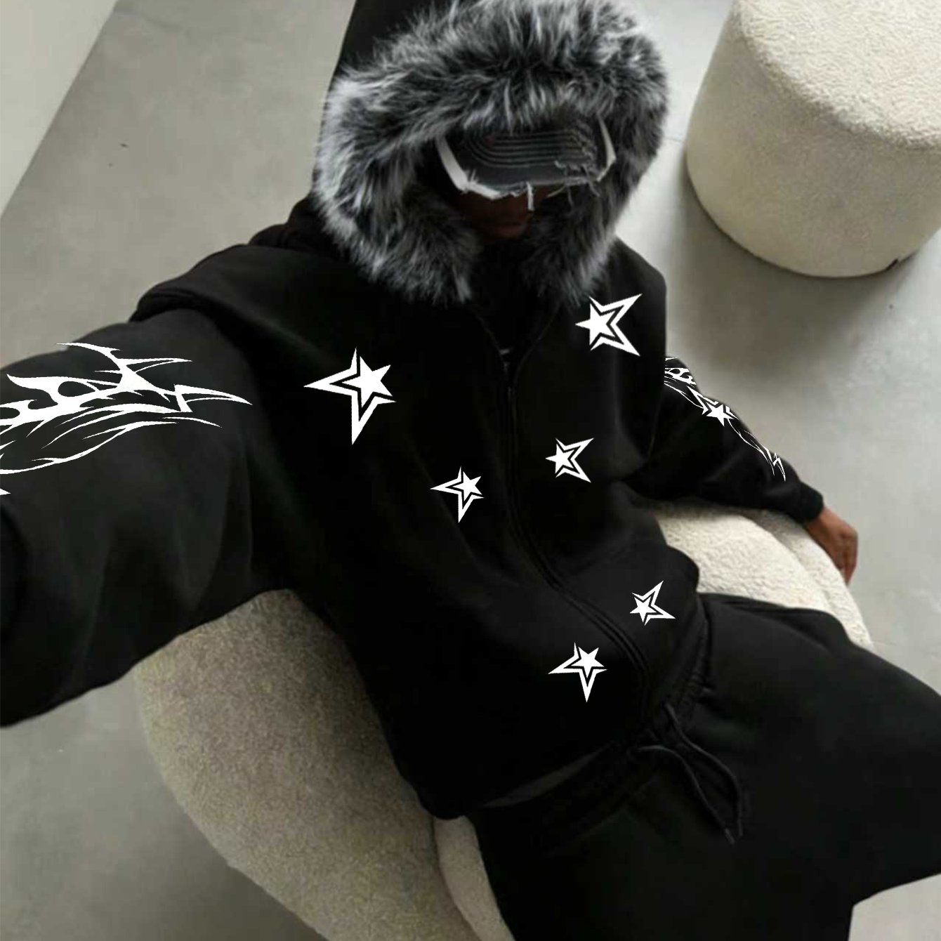 TEMU 欧米ストリートスタイル フード付きファー素材ジャケット 人気の星柄