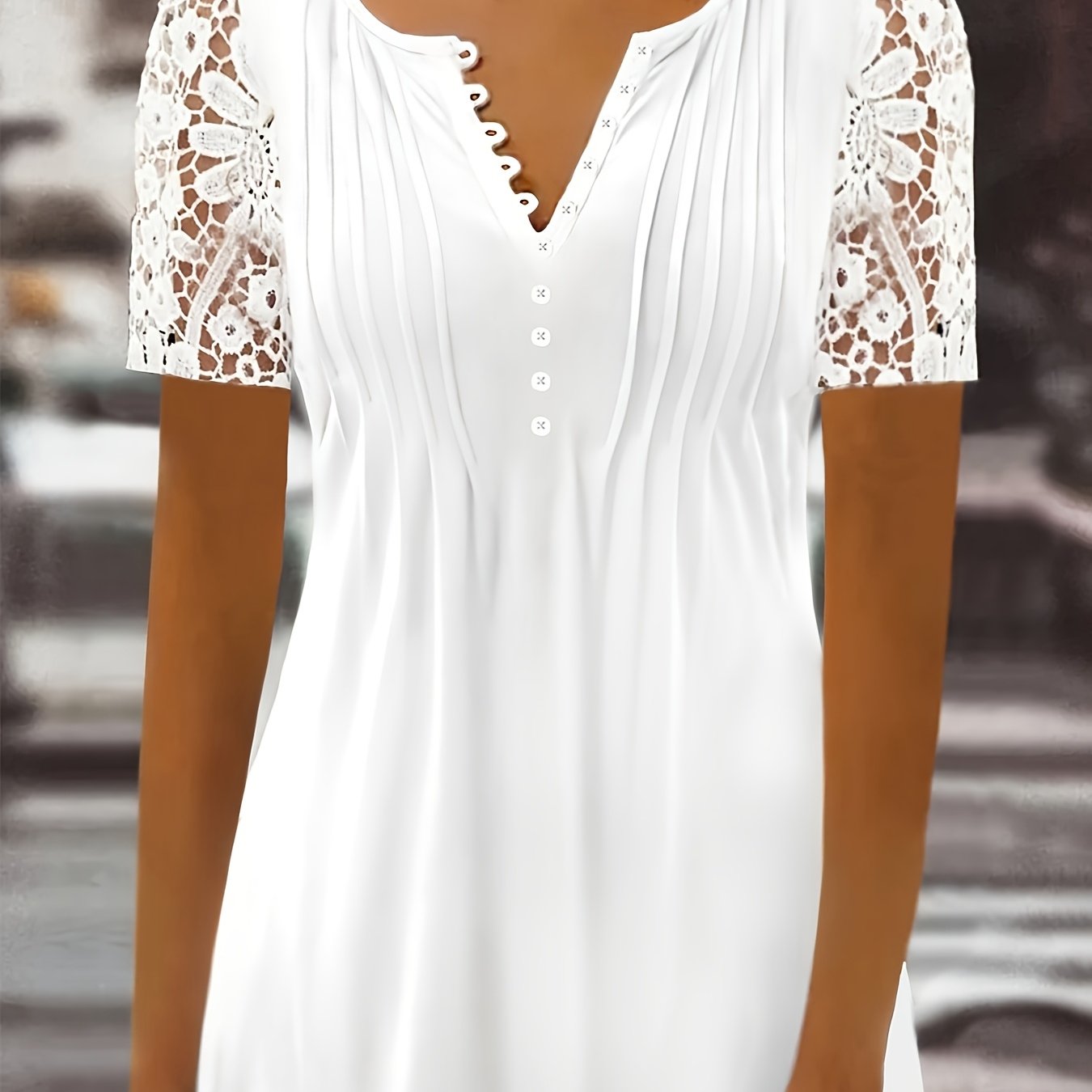 Image of Women's Plus Size Elegant V-neck Lace Trim Short Sleeve T-shirt - Button Front, Breathable Fabric, Machine Washable, Spring Summer Fall Casual Top, Decorative Button Detail