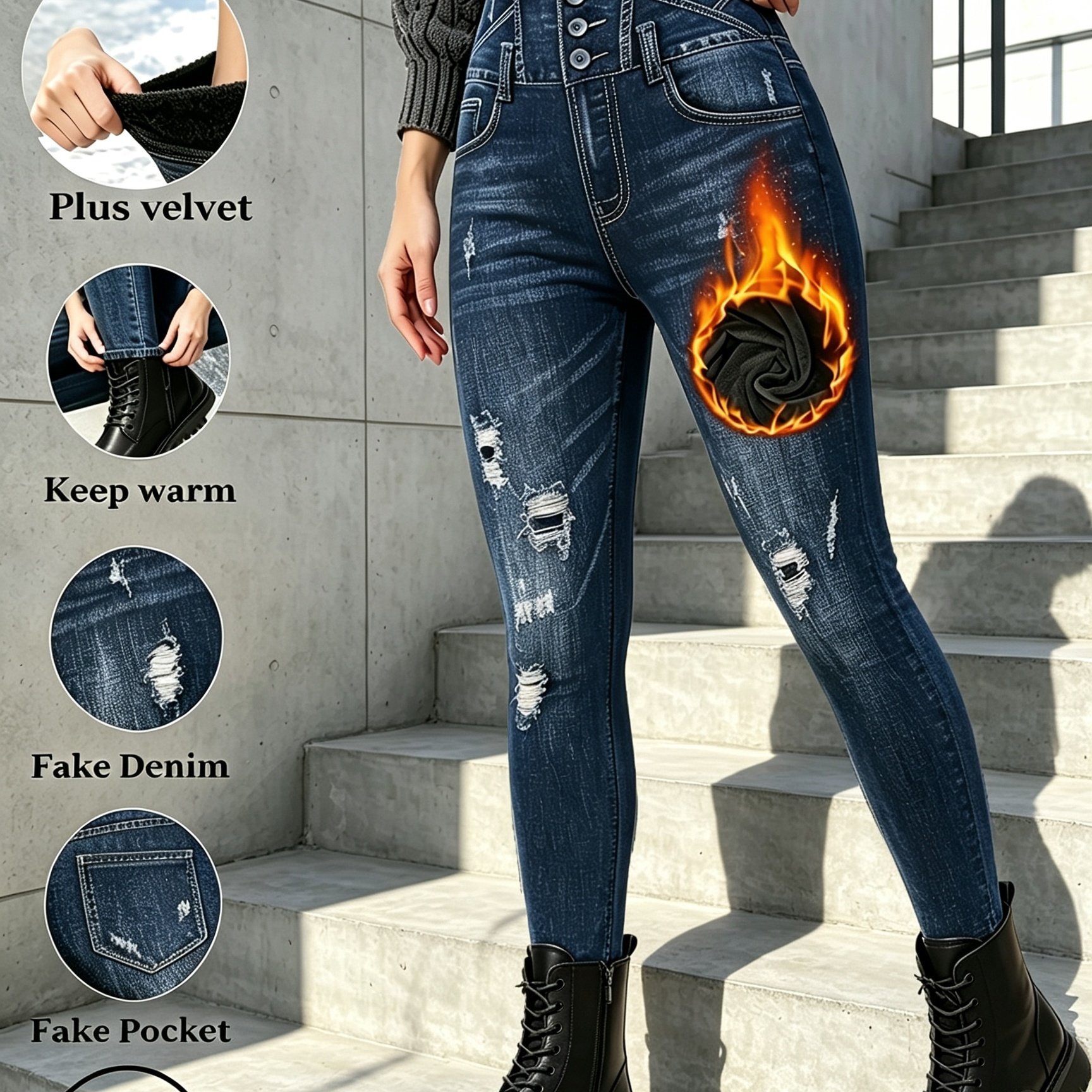 TEMU [printed Pants - Not Denim Fabric] Women Velvet Lined Fake Denim Leggings Ripped Denim Print Thickened Thermal Warm Autumn Winter Pants Fabric