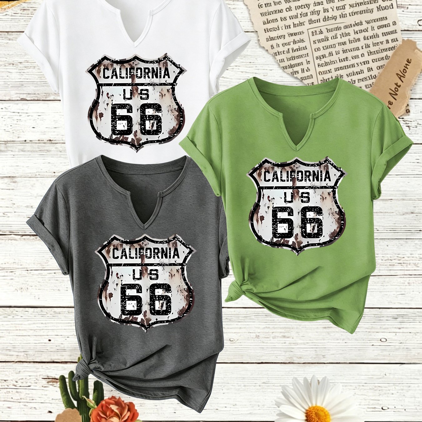 TEMU Women's 3pcs V-neck T-shirt Set, California Us Vintage Sign Graphic Tees, Casual Short Sleeve Retro Road Trip Tops, Highway Outfits