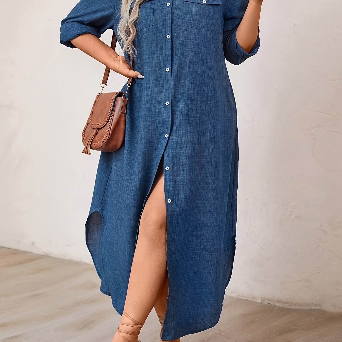 Image of Women's Plus Size Casual Denim-style Long Shirt Dress - Button-up, Loose Fit, Non-stretch Fabric, Straight Hem, Weekend Wear, Casual Summer Dress | Buttonup Dress | Fabric Dress