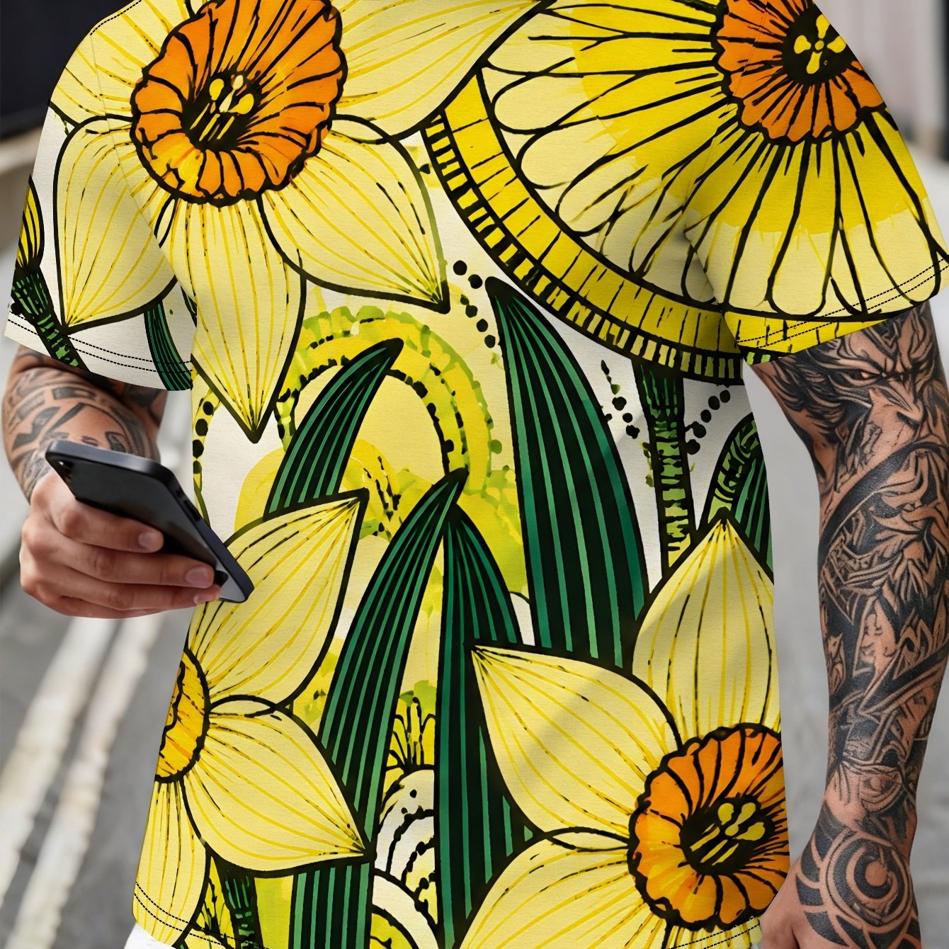 TEMU March Daffodil Sunshine Pattern Men's Casual Graphic Print Short Sleeve T-shirt, Round Neck, Comfortable And Breathable, Fashionable For Summer
