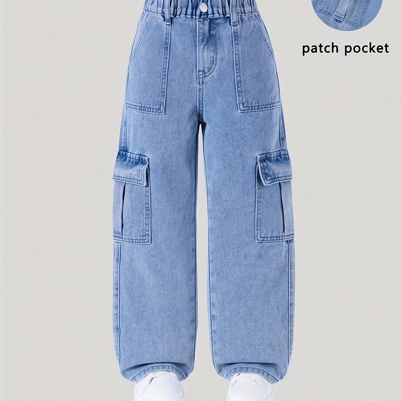 Image of Girls' Denim Long Pants, Teen Jeans, Fashionable Washed Light Blue, Multi-pocket Cargo Pants, Convenient And Practical, Trendy Y2k Style, Suitable For Children Ages 5–15