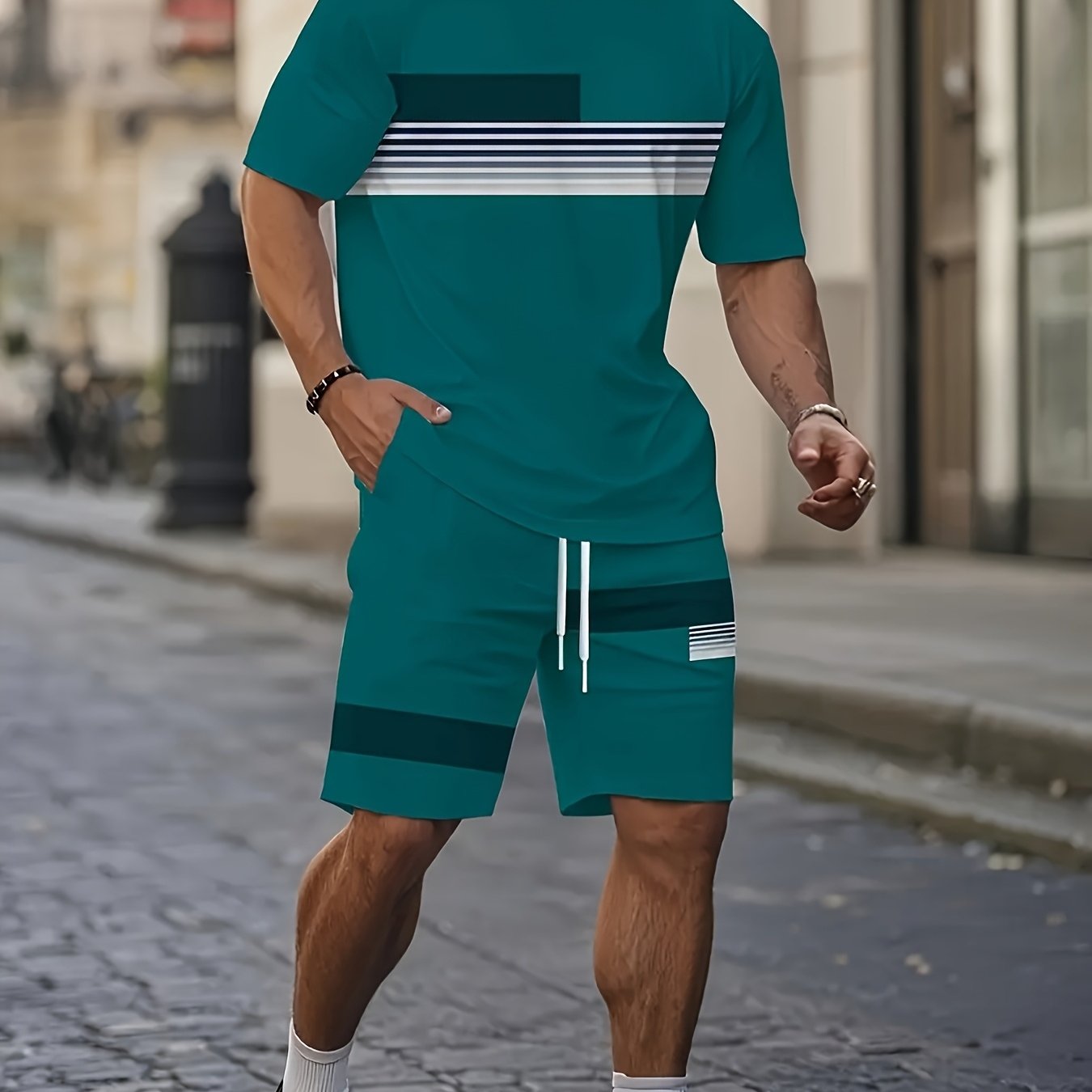TEMU Conjunto de 2 Piezas para Hombre: Camiseta de Manga Corta y Cuello y Shorts Deportivos Casuales y Modernos para Exteriores, TALLA GRANDE
