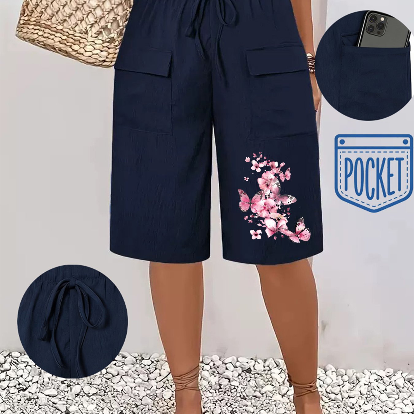 TEMU Women's Knee-length Shorts, S And Casual Pants, Stylish And Unique Printed Women's Shorts, Spring/summer Season, Solid Color Shorts With Double