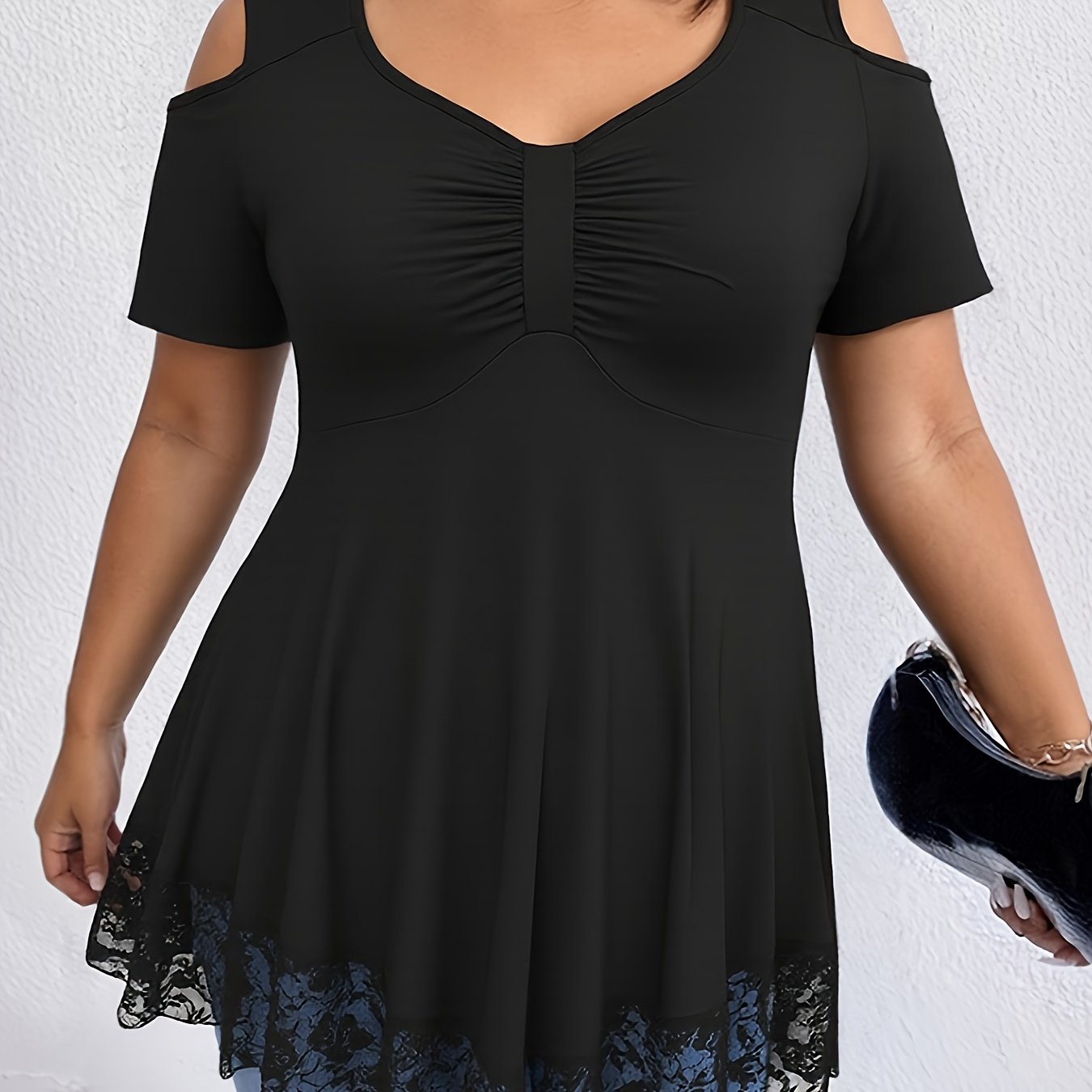 Image of Plus Size - Plus Size - Plus Size Women Lace Cold Shoulder Tunic Tops Ladies Short Sleeve V Neck Summer Casual T Shirt Blouse