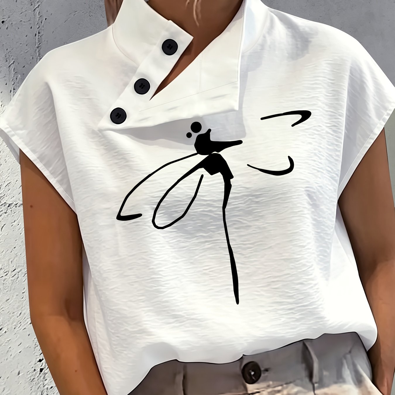 TEMU Casual, Comfortable, Elegant, And Chic Small Collar Buttonless Sleeveless Dragonfly Print White Shirt