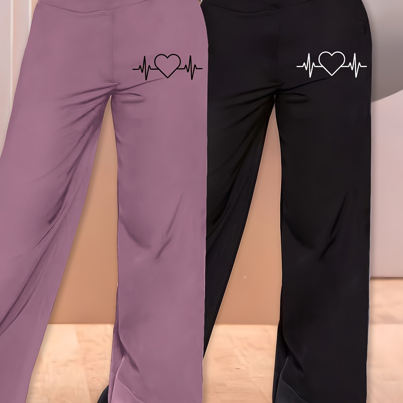 TEMU 2pcs Women's Casual Wide-leg Pants - Summer Lightweight Trousers With Heart & Heartbeat Graphic Print, Elastic Waistband, Machine Washable (grey