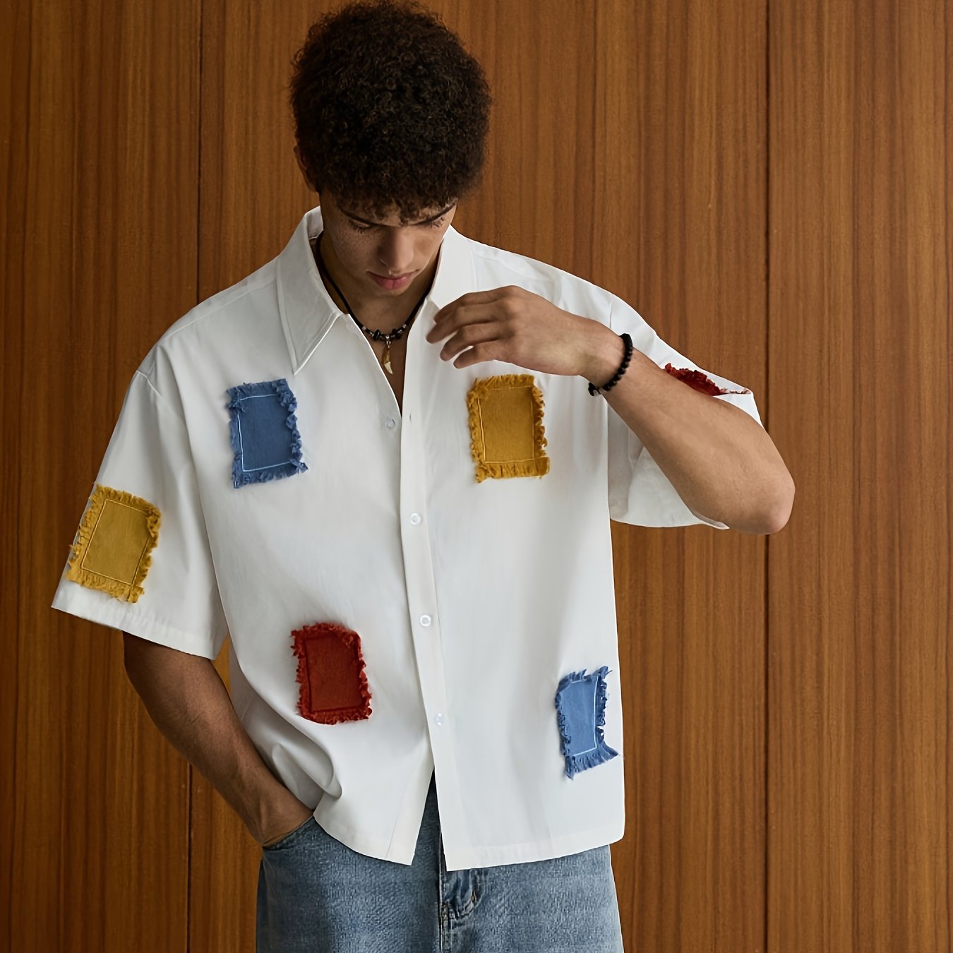 TEMU Men's Summer Casual Contrast Shirt, Lapel Short Sleeve Fashion Shirt