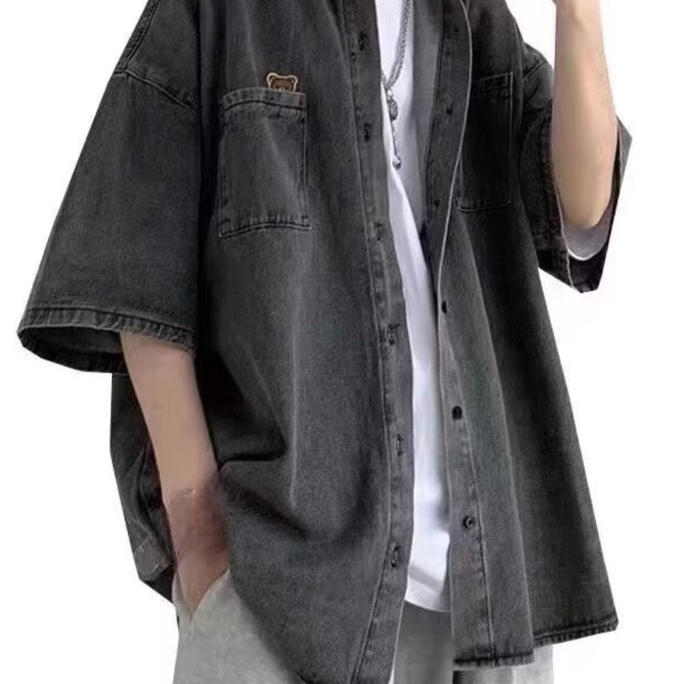 TEMU 【メンズ】ジャケット, 万能, カーディガン, ゆったり, 快適, 通気性, 無地, トレンド, 韓国風, フェイクデニムジャケット, 夏