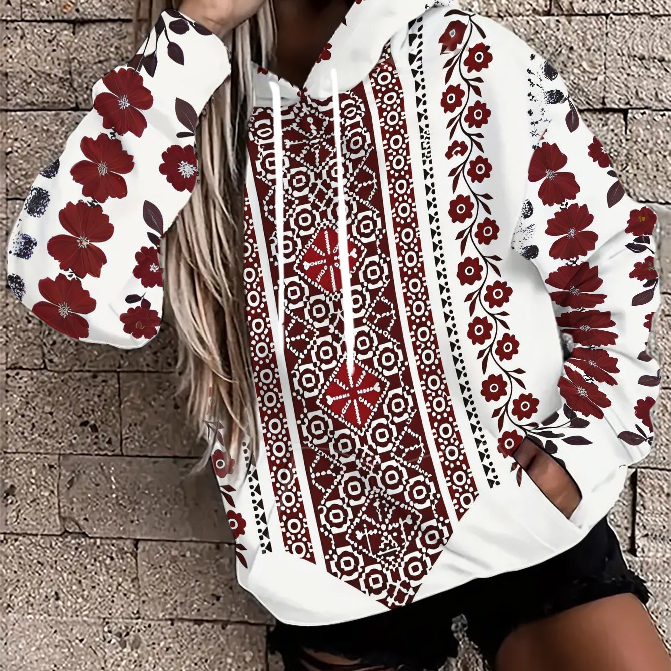 TEMU Women's Casual Traditional Patterned Hoodie In Red And White Tones Featuring Floral And Geometric Elements, Made From Machine-washable With A