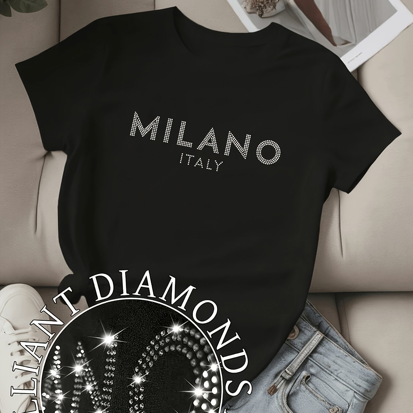 Summer Rhinestone T-shirt Short Sleeve Tee