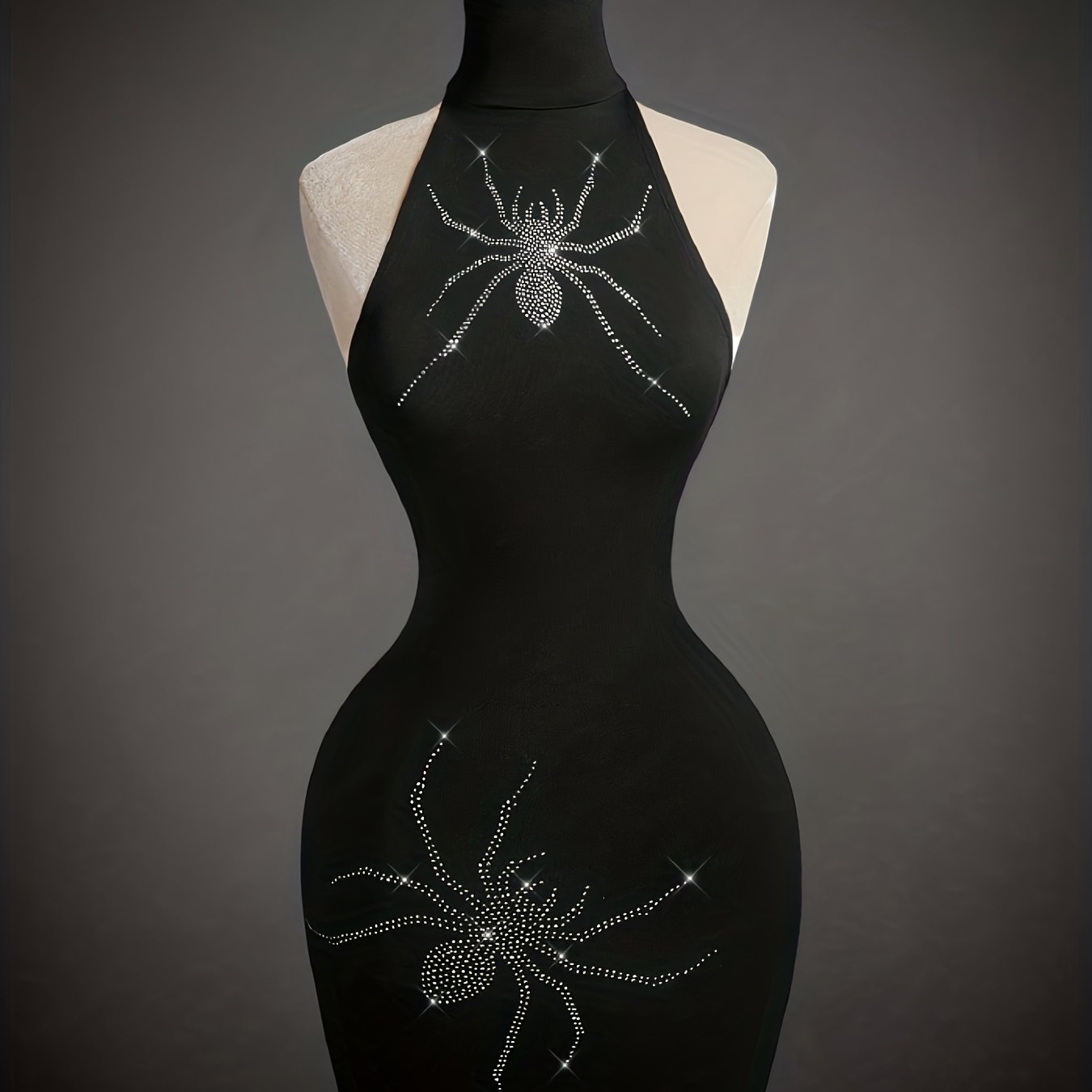 TEMU Women's Vintage Black Tight Short Skirt, Gothic Dark Style Party Outfit Dress, Halloween , Body-hugging , Spider Hot-drilled Decor, Sexy