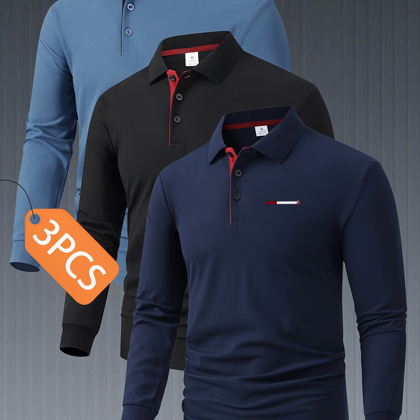 TEMU Set da 3 pezzi C8-351 Polo a maniche lunghe da , tessuto color-block gamma, e versatile, vestibilit� regolare, top con bottoni, abbigliamento da