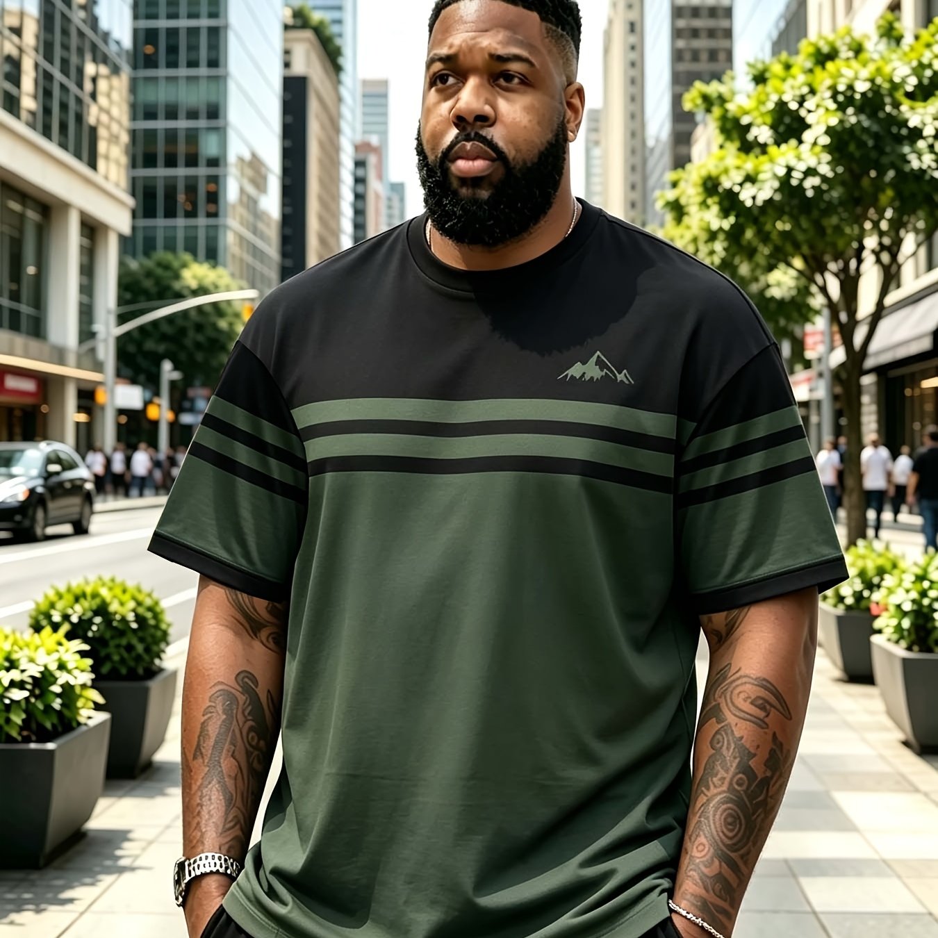 TEMU Stripe Print T-shirt – Oversized Men's Outdoor Adventure Neck Pullover Short Sleeve Base Layer Top, Olive Green And Black With Minimalist