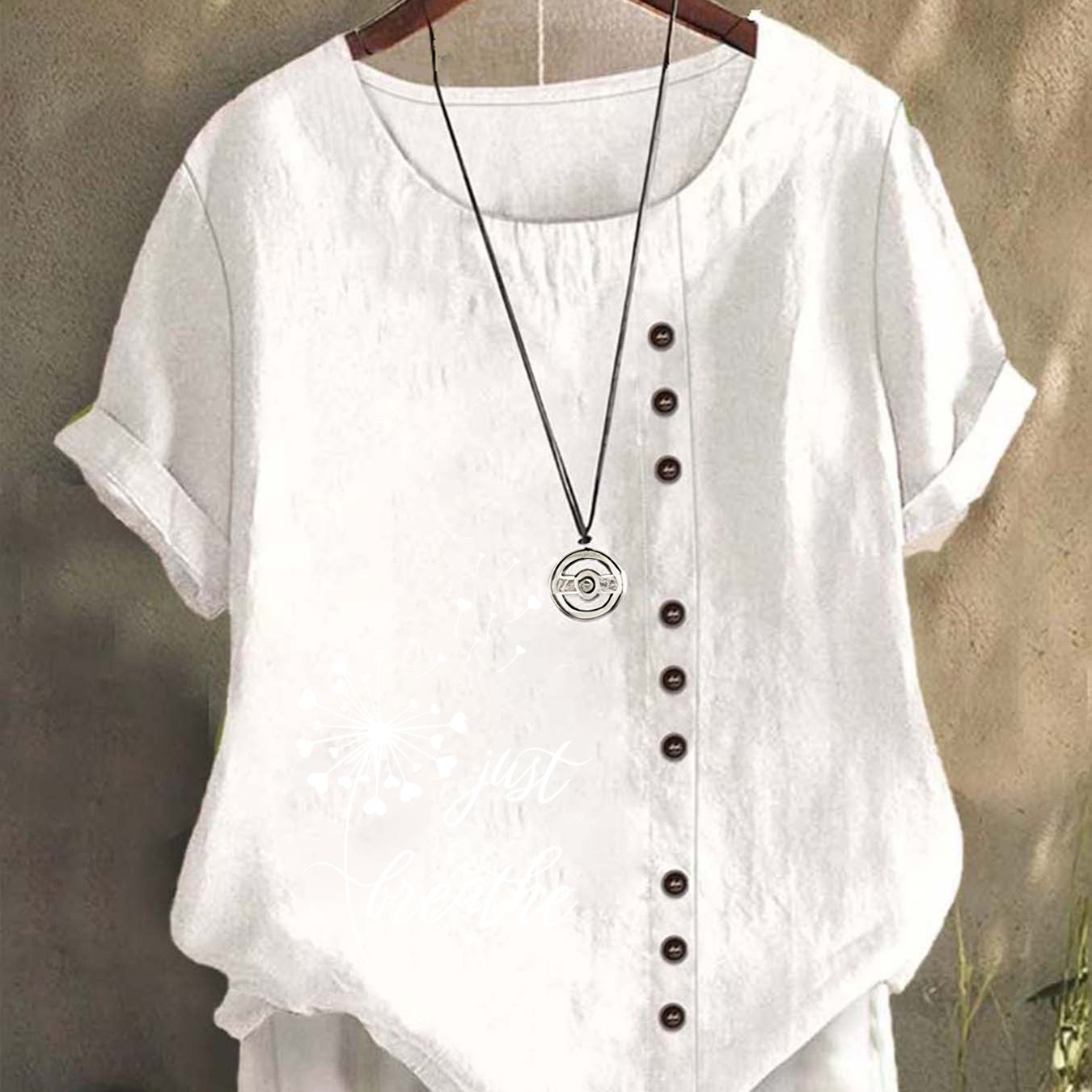 TEMU Top, Shirt, Clothing, 1pc, European And American, Loose Button- Park Collar Printed Women's Short-sleeve Shirt, Solid Color Button-up Top, ,