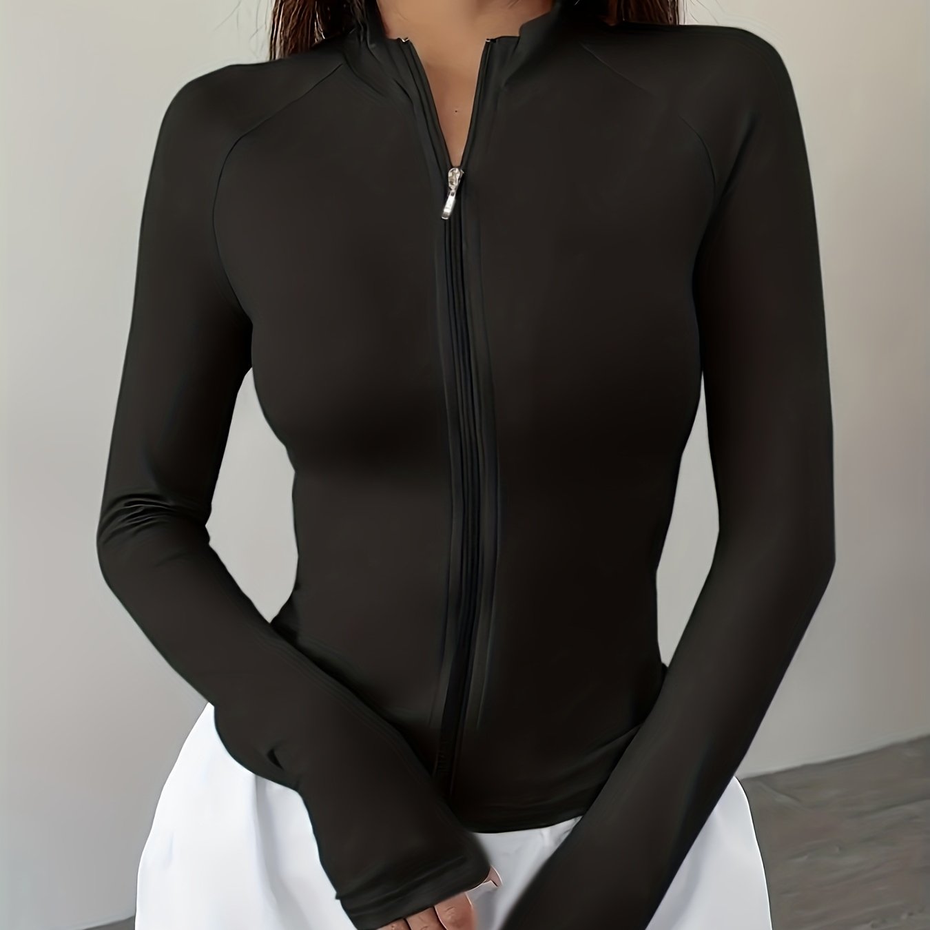 E-shop Elegante einfarbige Langarmjacke | Länge, Reißverschlussdetail, geeignet für Frühling/Herbst