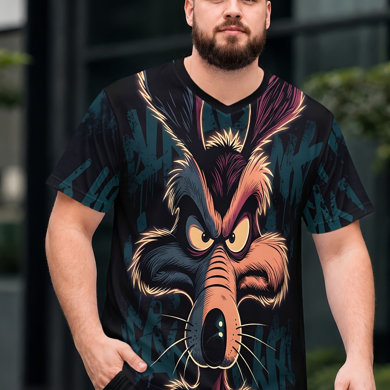 TEMU 1pc Men's Plus Size V-neck T-shirt With , Teal To Purple Gradient, Graffiti Style Wolf With Crooked Heart, , Breathable And Comfortable Top,