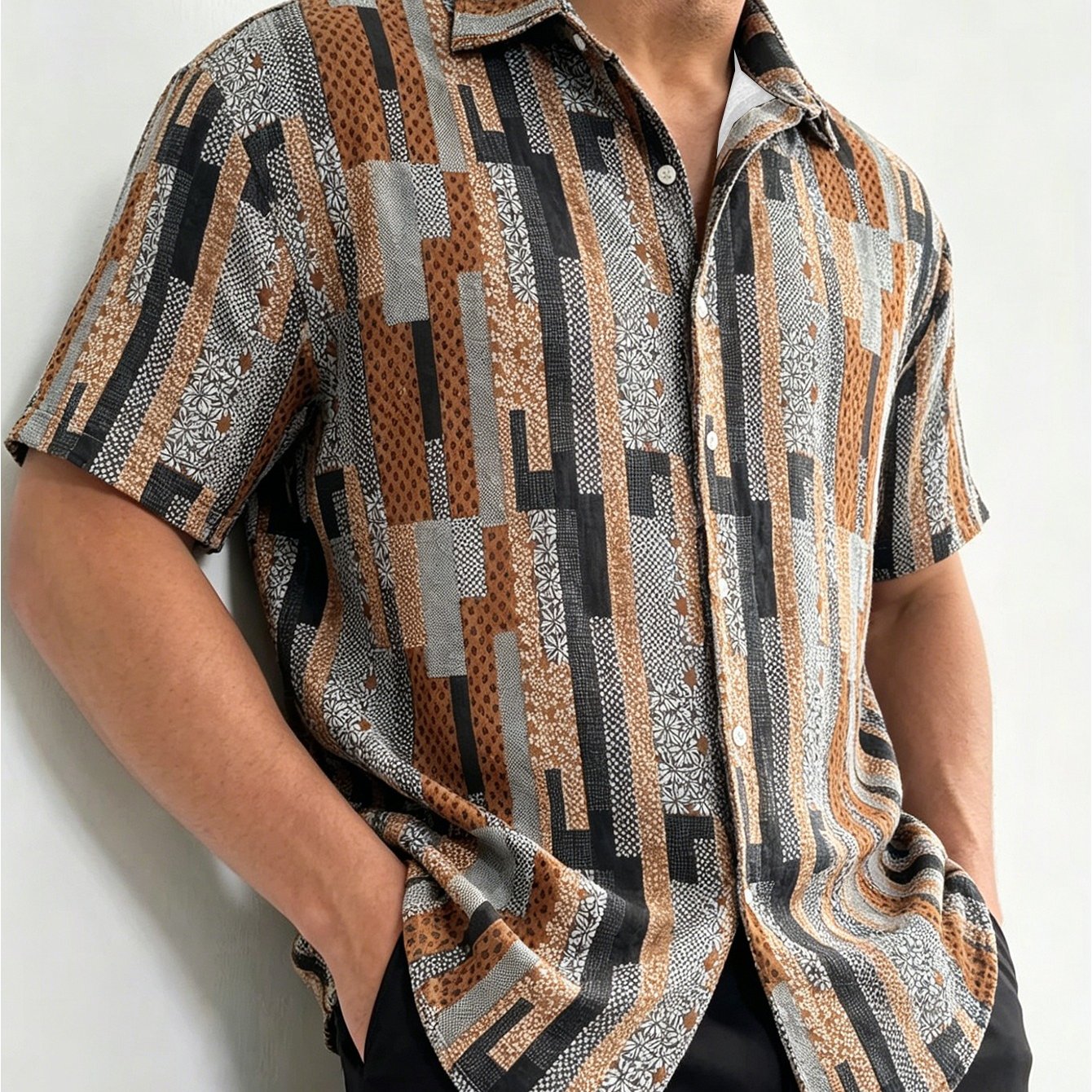 TEMU [printed Design - Not Textured] Men's Summer Ethnic Style Button- Shirt, Comfortable And , Wrinkle-resistant And No Ironing Required, Loose Fit