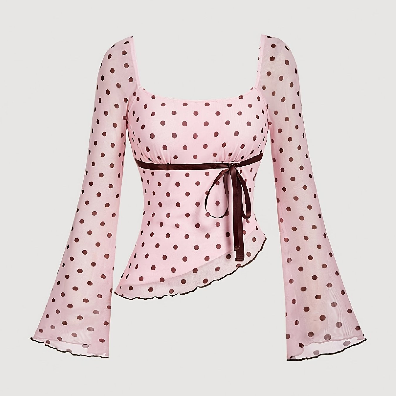 TEMU Women's Sweet Asymmetrical Hem Polka Dot Flared Sleeve Bow Net Long Sleeve Top