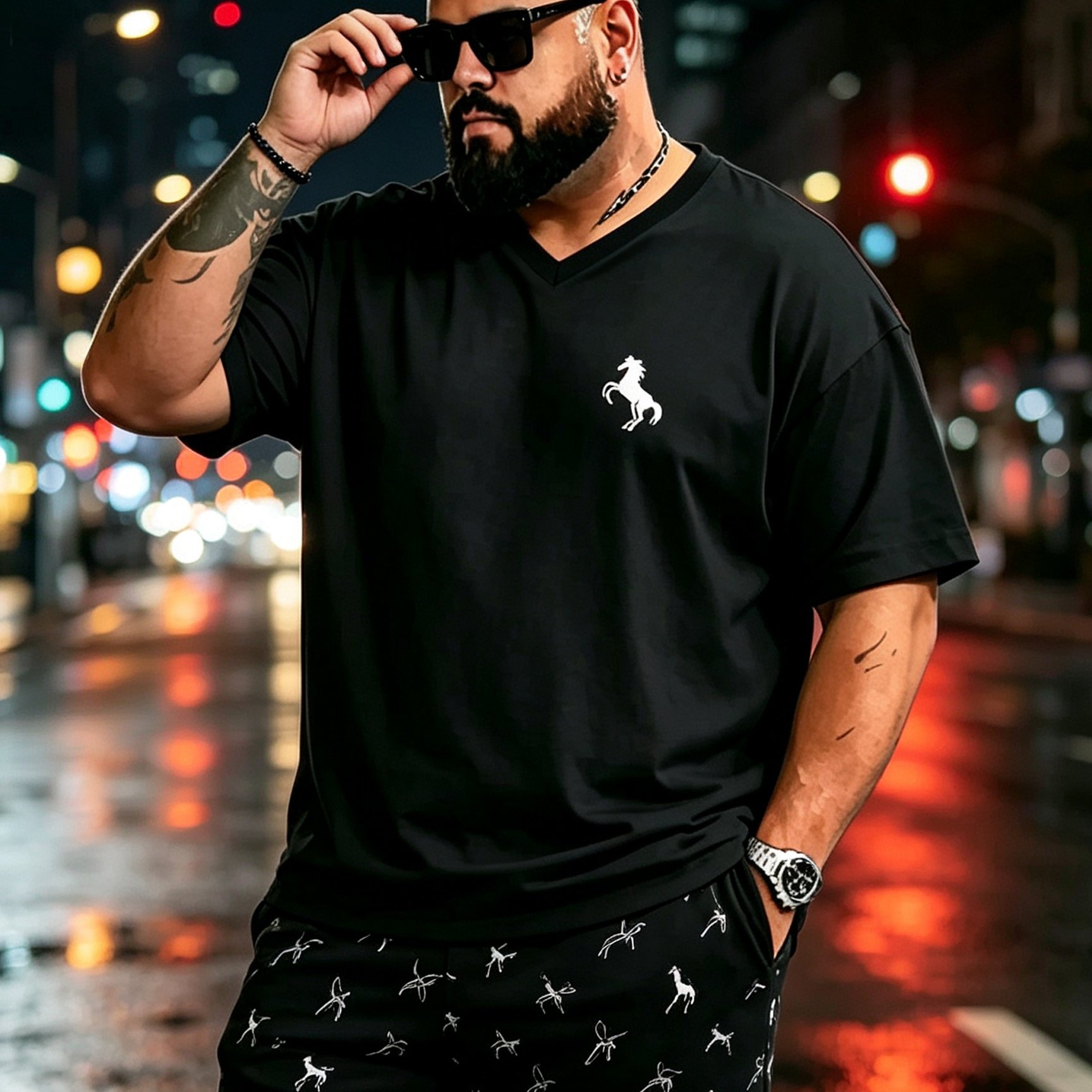 TEMU [print Design â Not Textured] Plus Size Men's Men's Summer Casual T-shirt, Horse Pattern, V-neck, Short Sleeve, Stretch, Regular Fit, Knit