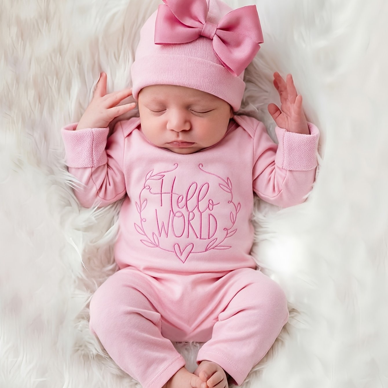 Image of 2pcs Newborn Embroidered Romper And A Hat With A Cute Big Bow For Baby Girls, Knitted Long-sleeved Romper Set, Baby Photography Clothes