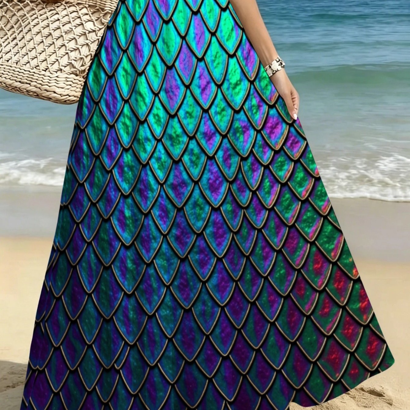 TEMU Lianyaoshi [printed Design Not Textured] Women's Mermaid Scale Print Maxi Skirt, Vibrant Teal Purple Green, Lightweight For Beach Vacation,