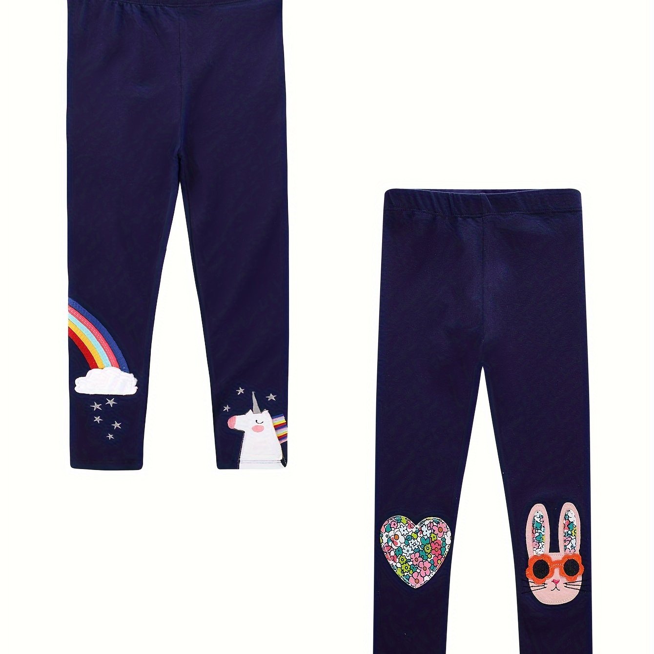 Image of Cute Girls' Leggings With Cartoon Unicorn And Rainbow Bunny, Soft Cotton Knit Children's 2pcs Set