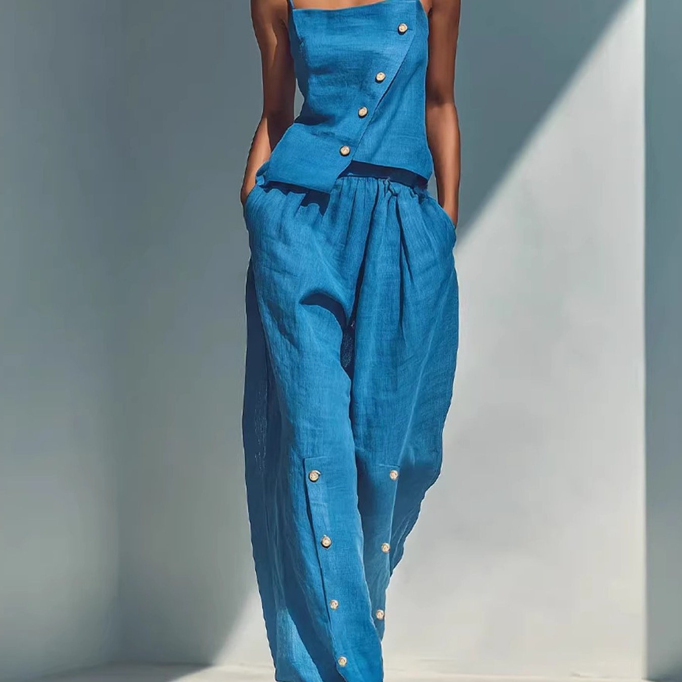 Casual -neck V-neck Design Side- Halter-style Wide-leg Long Pants Set