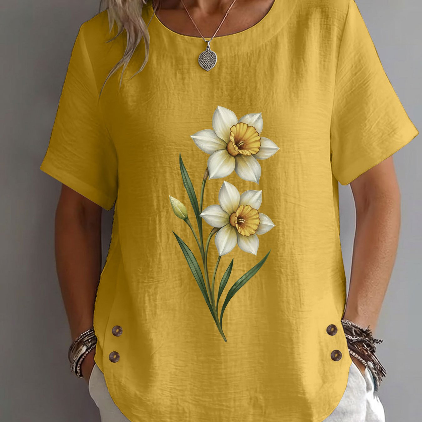 TEMU Women's Vintage Shirt - Spring Summer Short Sleeve Round Neck Top With Daffodil & Botanical Print, Machine Washable Casual Elegant Suitable For