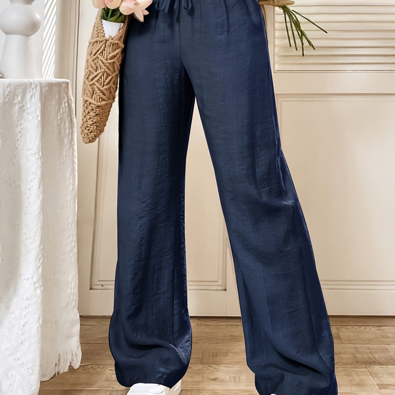 E-shop Damen Hose mit elastischem Bund, schräger Tasche, geradem Schnitt, locker, lässig,