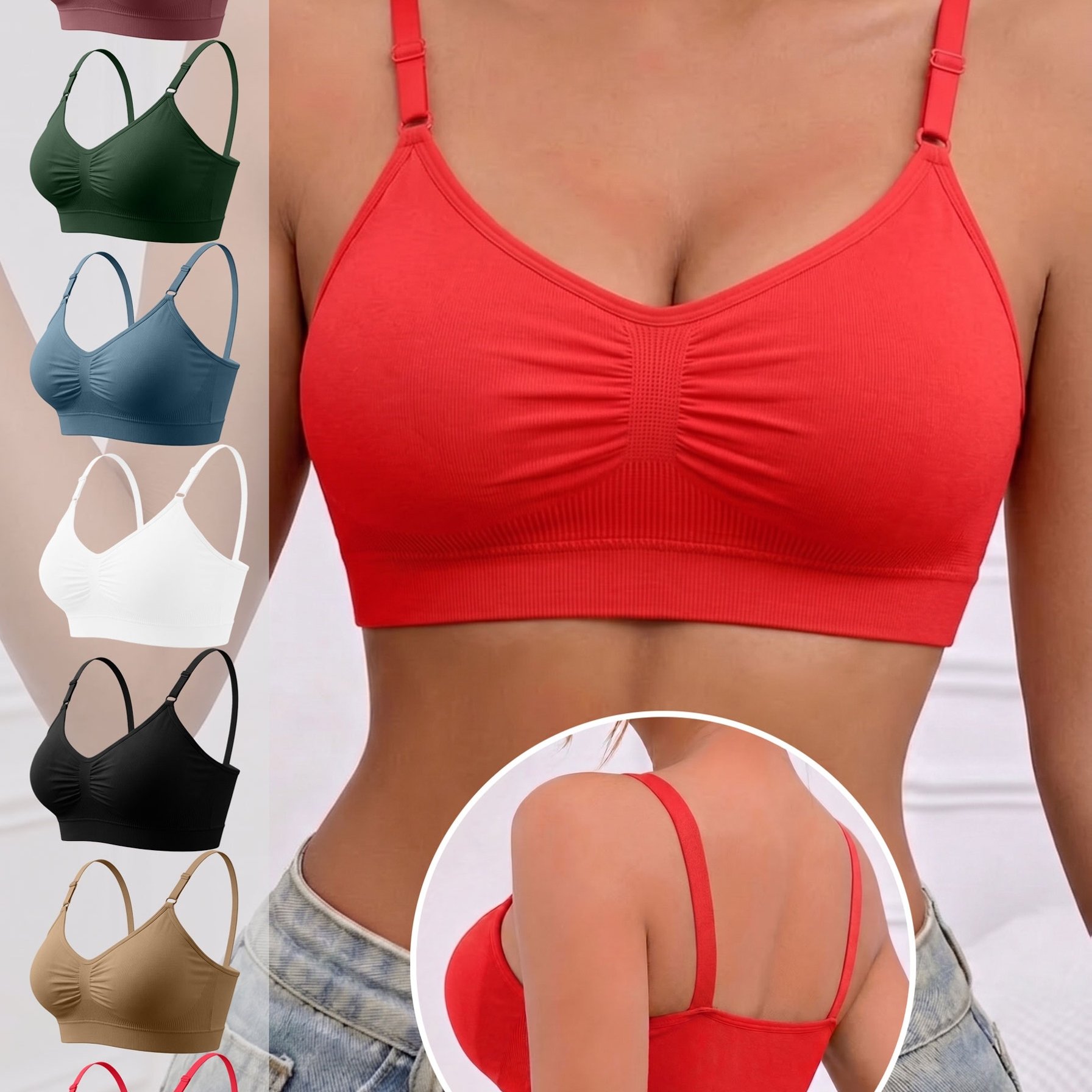 Image of 7pcs Set Of Women's Fashionable Solid-color Wire-free Bras, Seamless And Comfortable With Removable Pads, Suitable For Daily Loungewear And Casual Wear At Home