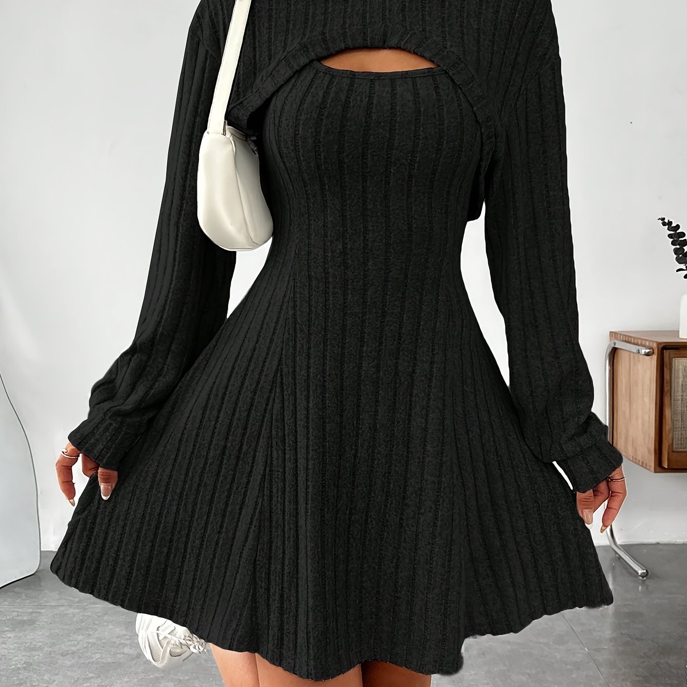 Plus Size, Women's Spring/summer Solid Shoulder Long Sleeve Crop Top And Skirt Two-piece Casual Outfit