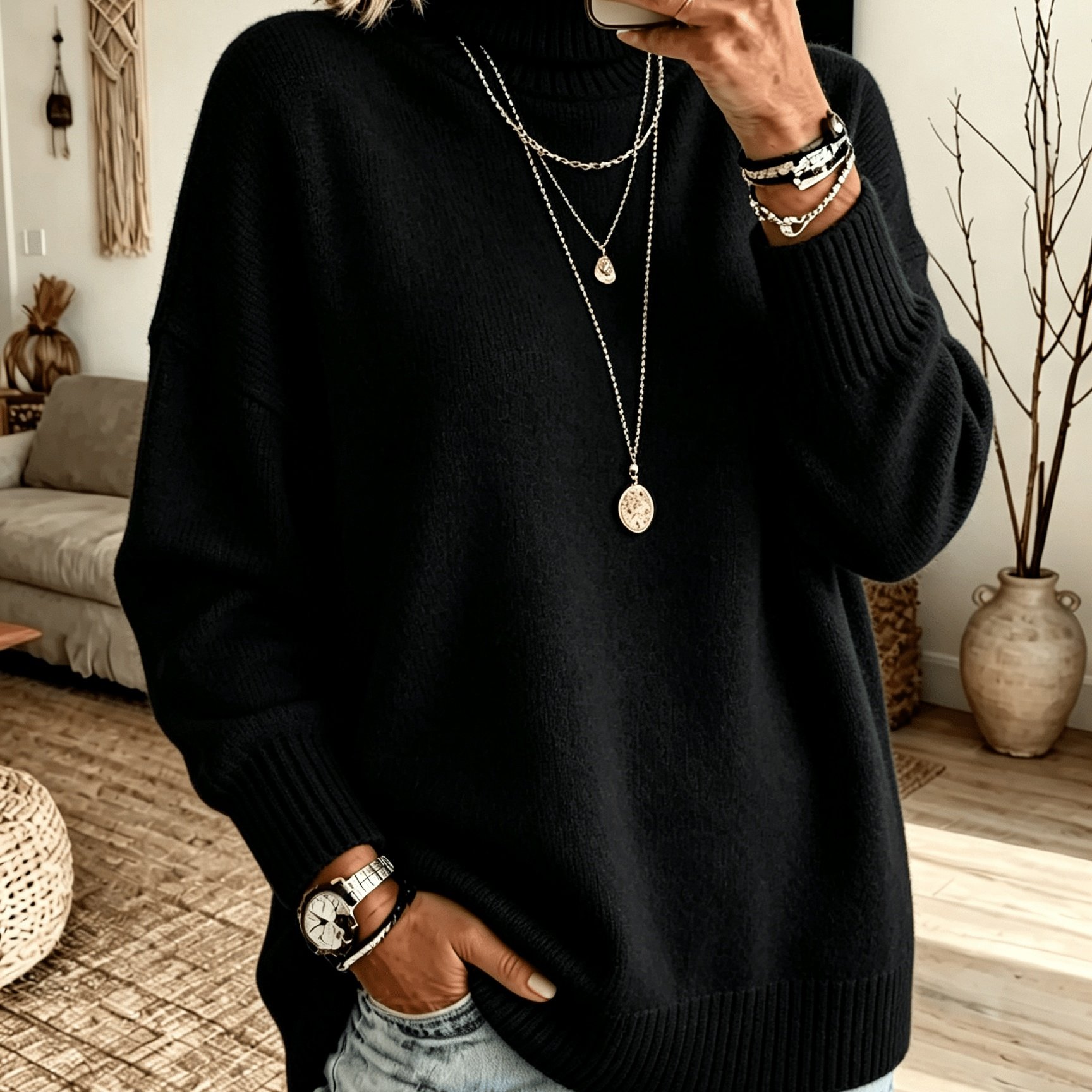 TEMU Plus Size, Plus Size Women's High Neck Sweater - Soft Stretchy Warm Pullover Sweater Suitable For Fall/winter, Solid Layer -compatible For Body