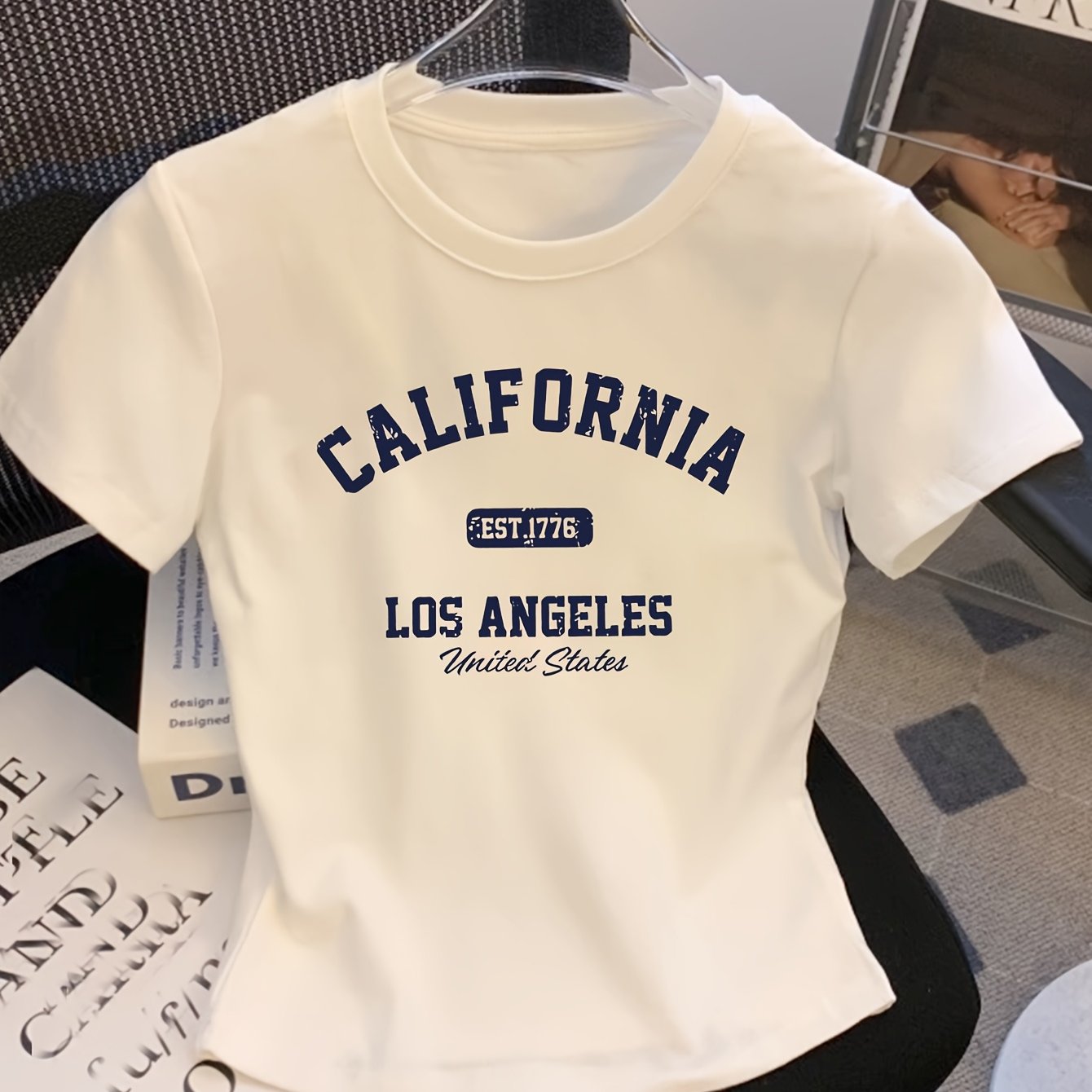 TEMU Camiseta Oversize de Mujer con de California - Estampado Vintage 1776 Los Ángeles, Tejido y Elástico, Cuello Manga Corta, Top Casual Lavable a
