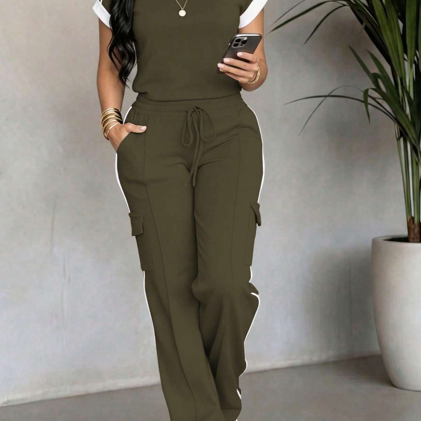 Casual Versatile Round Neck Short Sleeve Top And High Waist Drawstring Striped Loose Cargo Pants 2pcs Set Women's Contrast Color Round Elegant