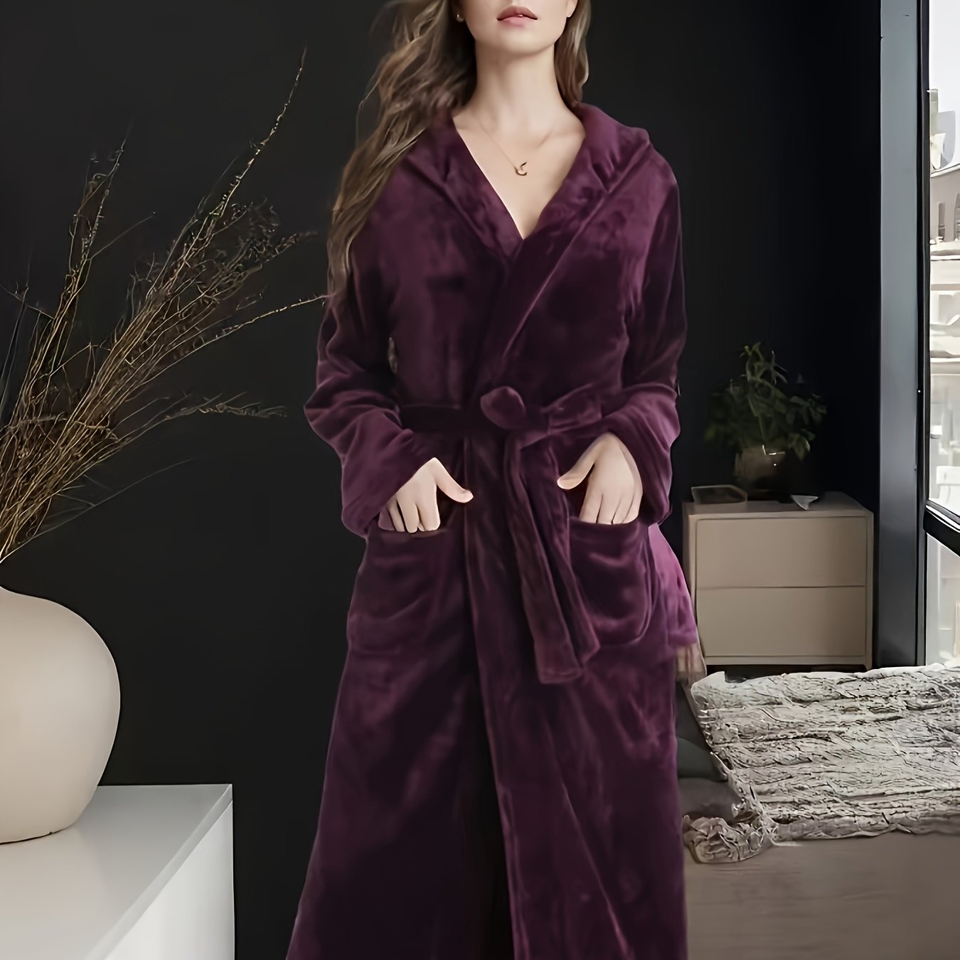 TEMU Women's Winter Hooded Bathrobe Robe - Soft Long Sleeve Kimono With , Cozy Machine-washable Pajama For Home, Spa & Lounge Wear, Warm Fall/winter