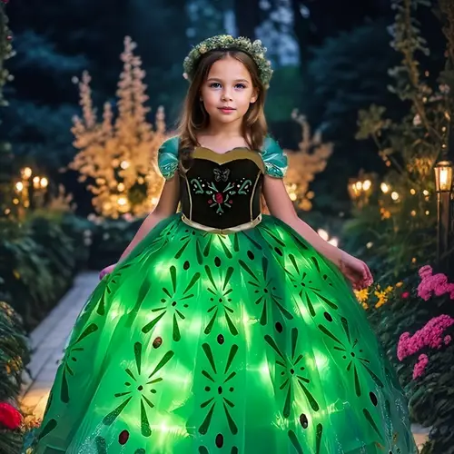 princess inspired neck bubble sleeve tulle dress with floral pattern and glowing effect polyester blend non stretch fabric for special occasions