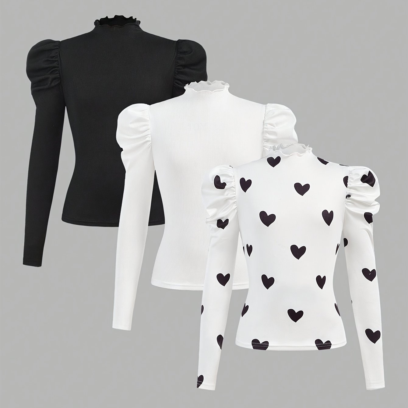 E-shop Mädchen Herbst/Winter Casual Mode Bubble-Ärmel Hochkragen Top Dreiteiliges Set, Erhältlich in Herz-Print Stilen, für den Schulalltag,