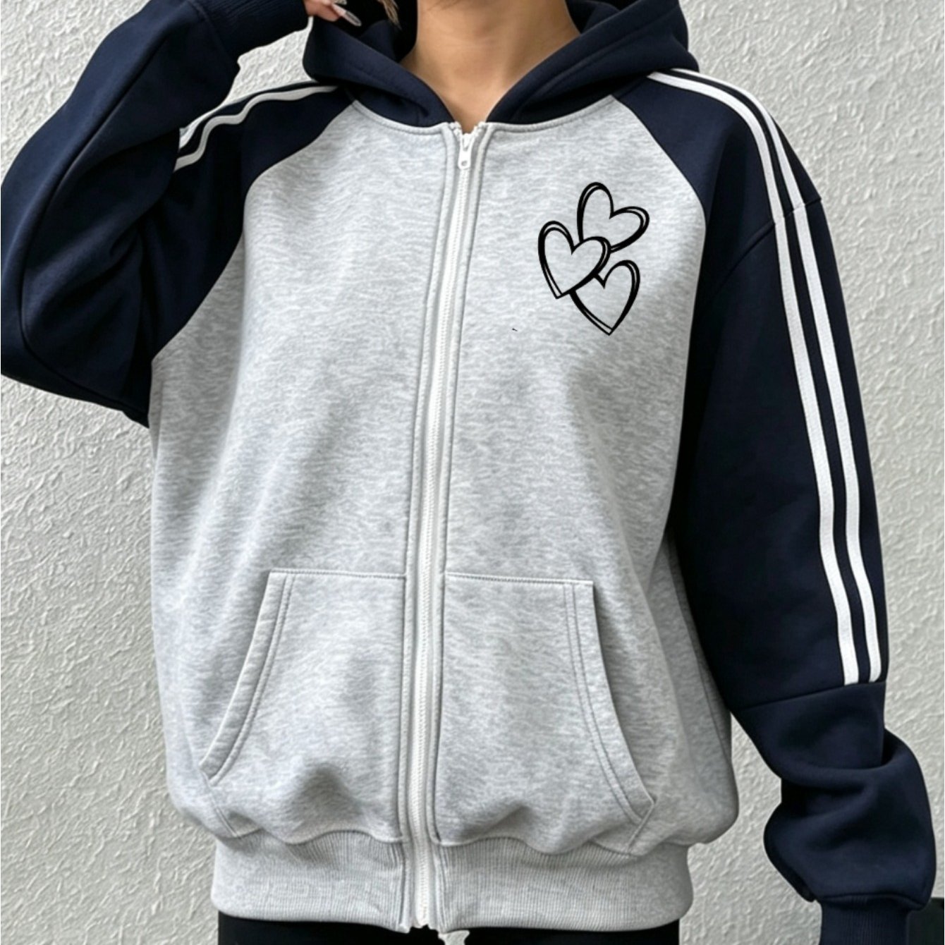 TEMU Women's Striped Raglan Color Block Zip-up Hoodie With Chest , Oversized Hooded Jacket, Y2k Style Outerwear