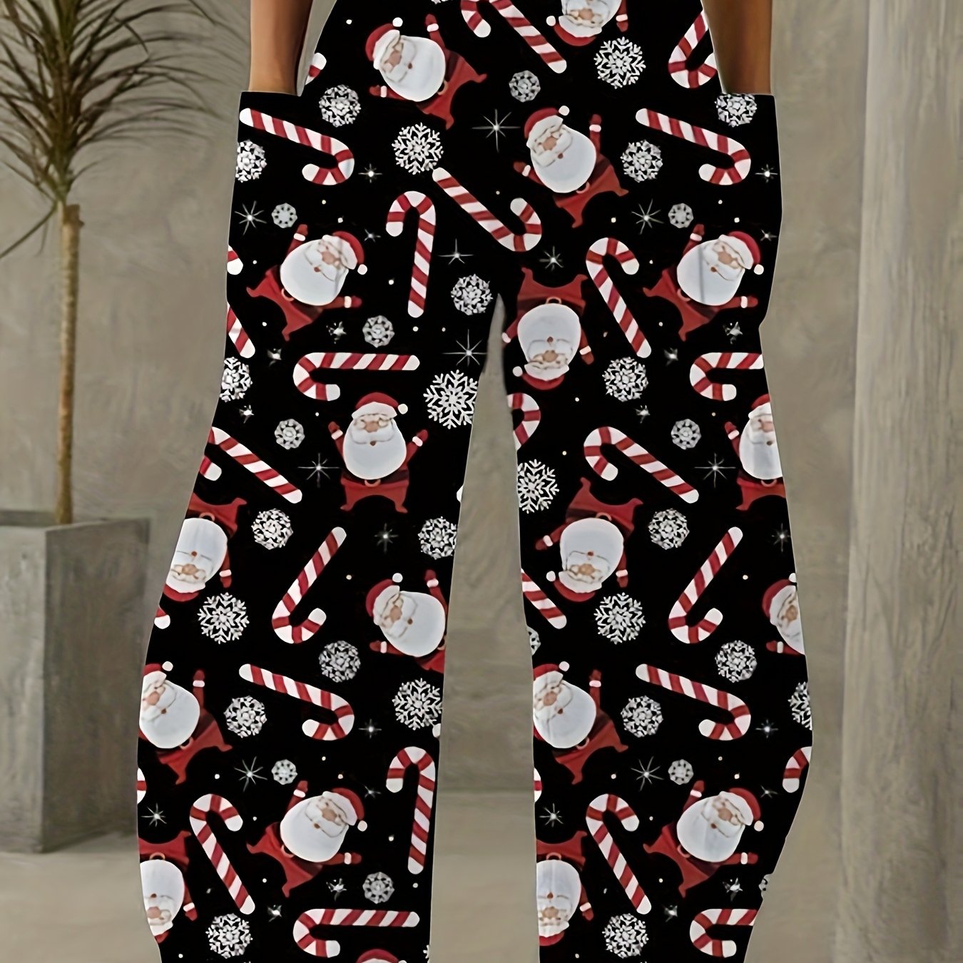 TEMU Plus Size, Fun Christmas Cartoon Pattern Wide-leg Pants For Women, High-waist With Large Pockets, Trendy Long Pants For Home, Parties, And