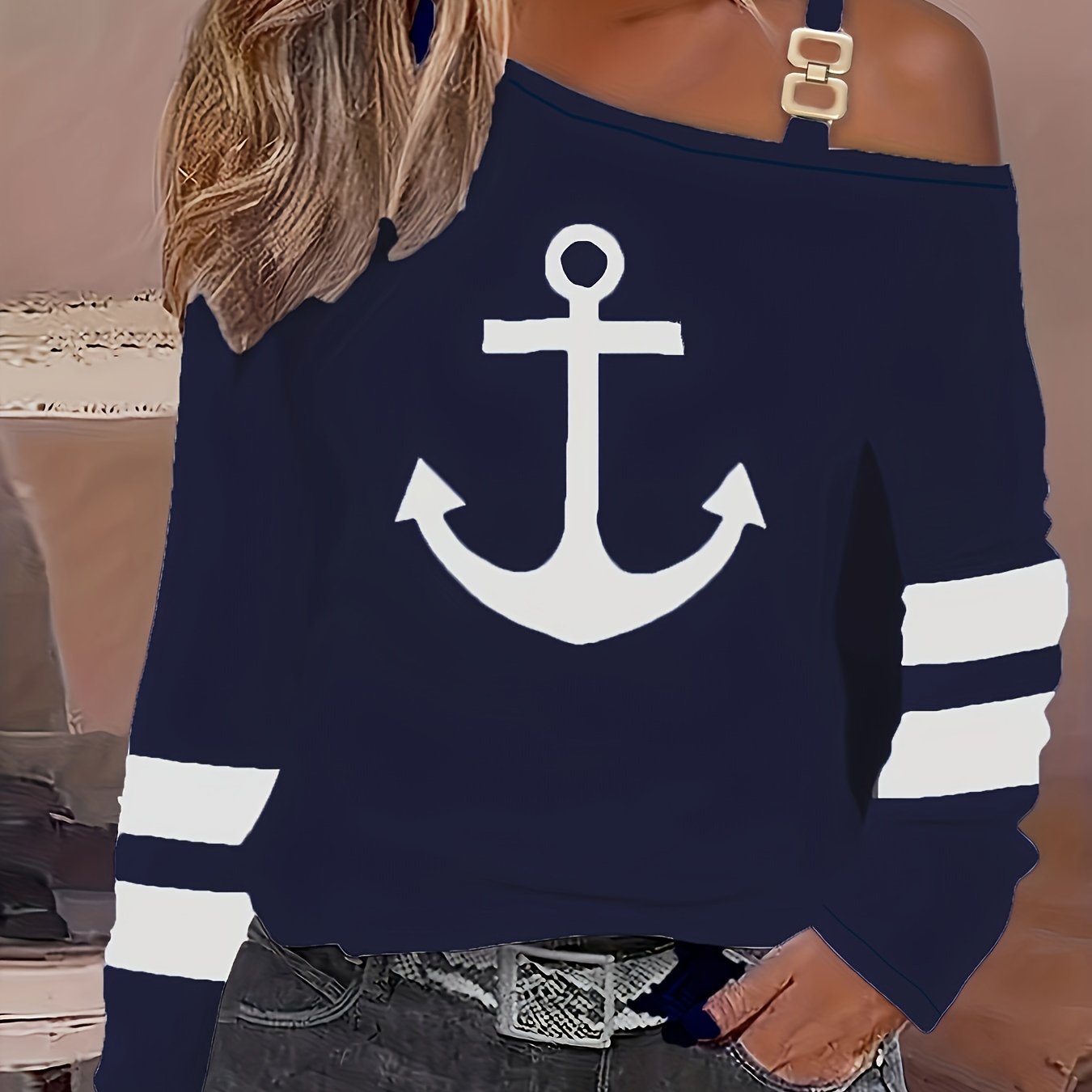 Image of Anchor & Stripe Print Cold Shoulder T-shirt, Casual Long Sleeve Top For Spring & Fall, Women's Clothing