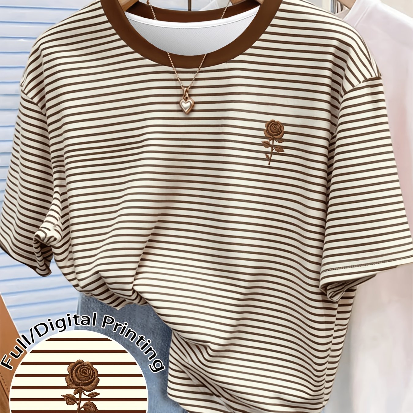 TEMU Women's Korean Retro Striped Round Neck - Short Sleeve -compatible Top, Breathable Summer Casual Layering Piece Suitable For Casual Attire,