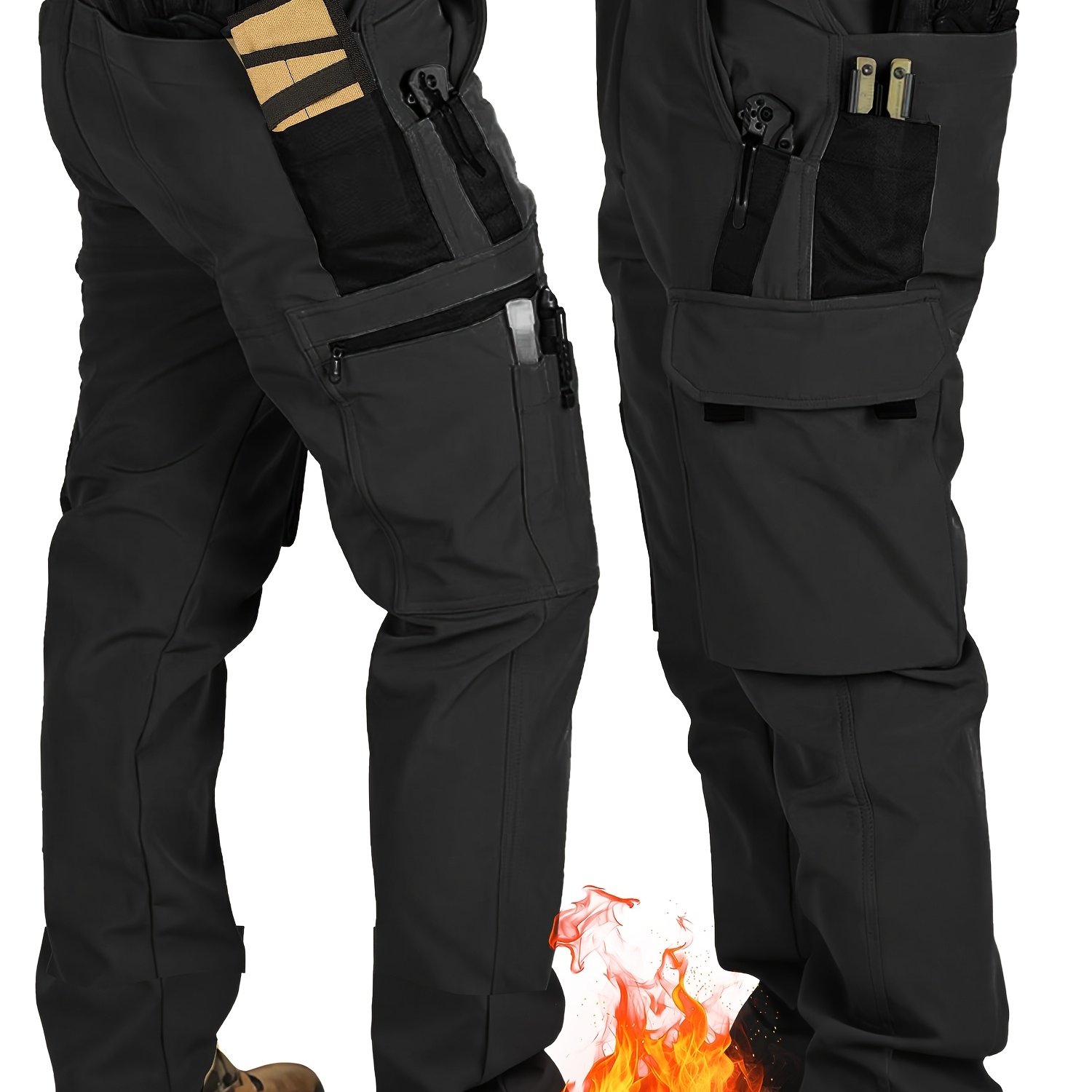 Men's -lined Long Pants With Multiple Pockets, Thickened Warm Softshell Cargo Trousers For Autumn/winter Outdoor Sports And Training Pants, Hunting